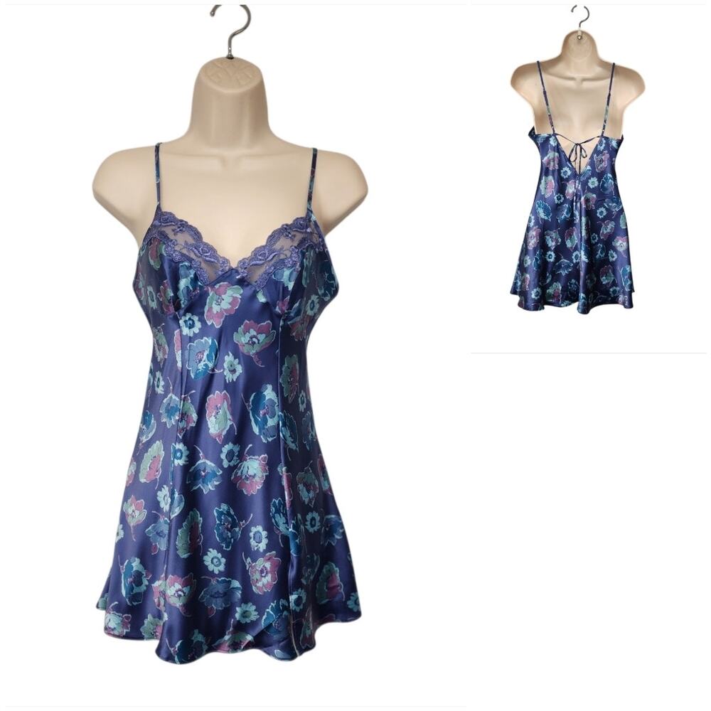 Victoria's Vintage Secret V-Neck Multi Blue Floral Satin Babydoll Sleepwear XS